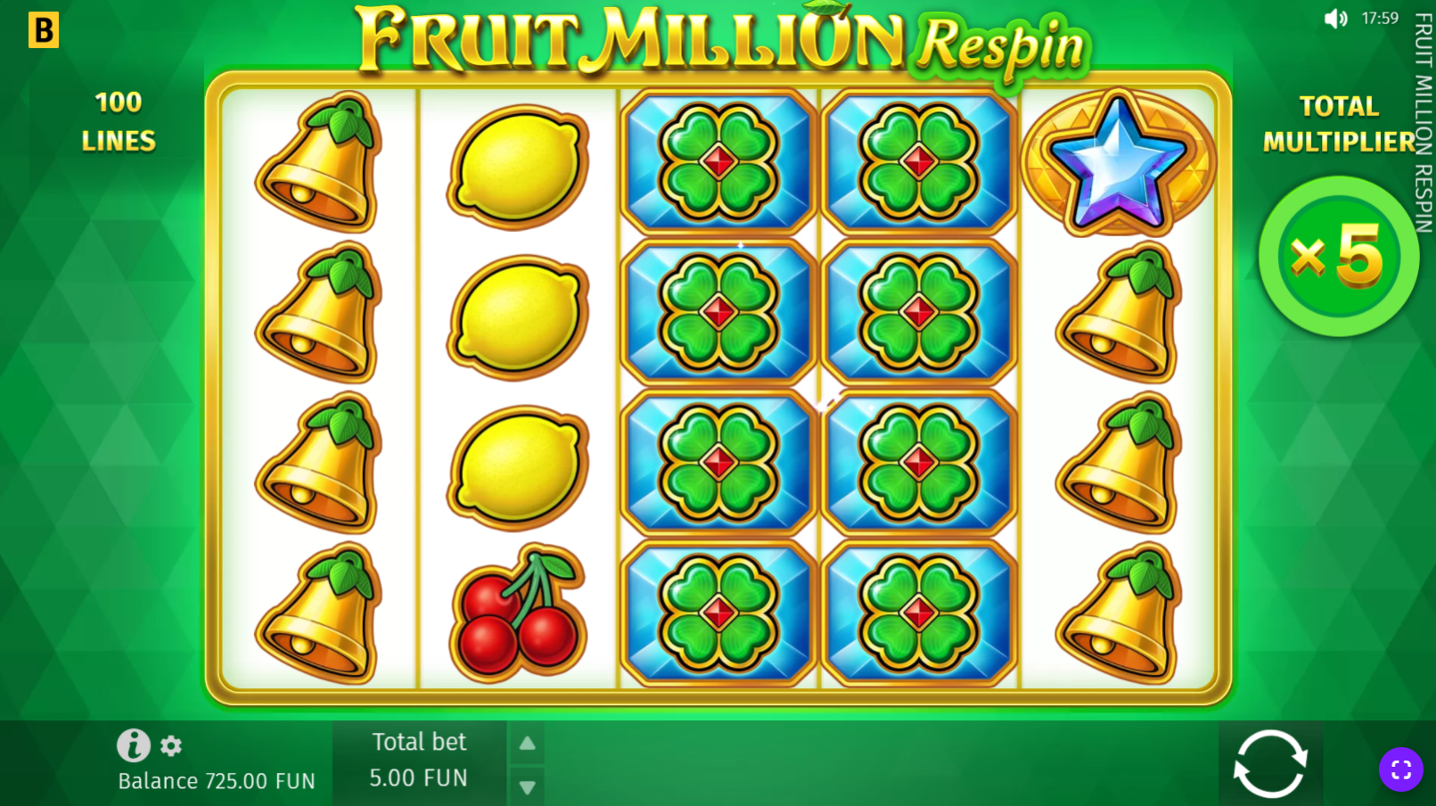 Fruit Million Respin - Expanding Wilds feature with multiplier applied