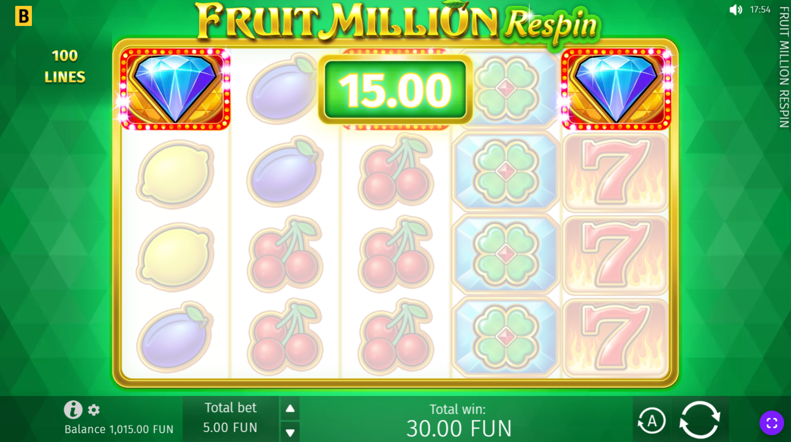 Fruit Million Respin base game showing 5 reels with classic fruit symbols on a bright green background