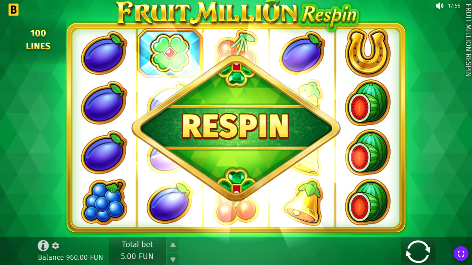 Fruit Million Respin - Respin feature with expanded Wild covering a full reel
