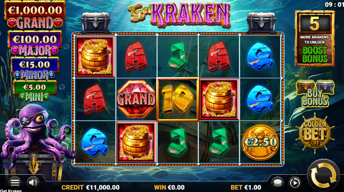 Get Kraken base game play showing 5x3 grid with Kraken Wild on centre reel