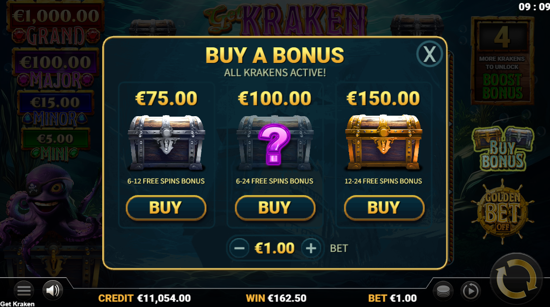 Get Kraken Bonus Buy menu showing three chest options at 750, 1000 and 1500 stake