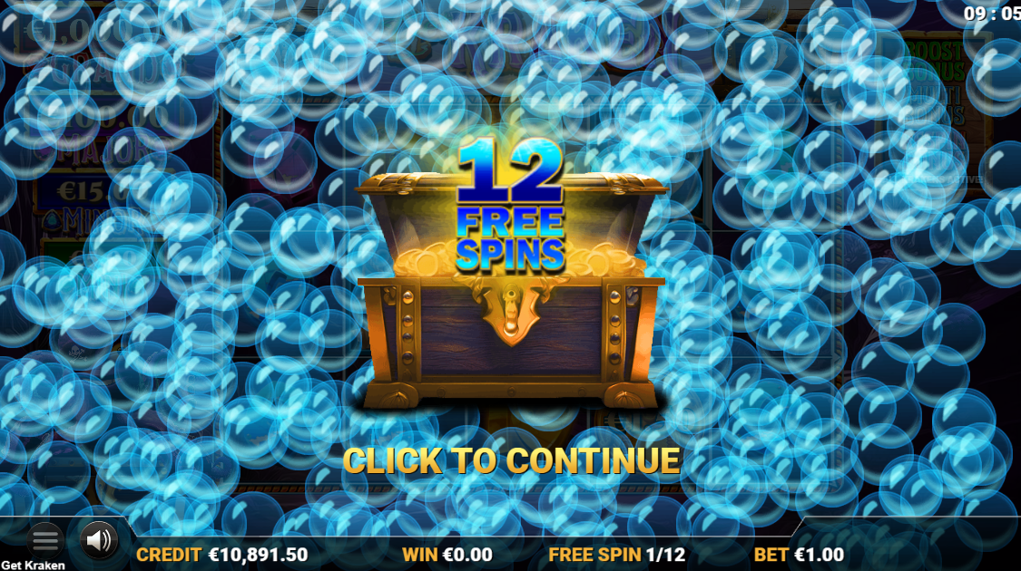 Get Kraken Free Spins trigger showing Treasure Chest opening to award spins