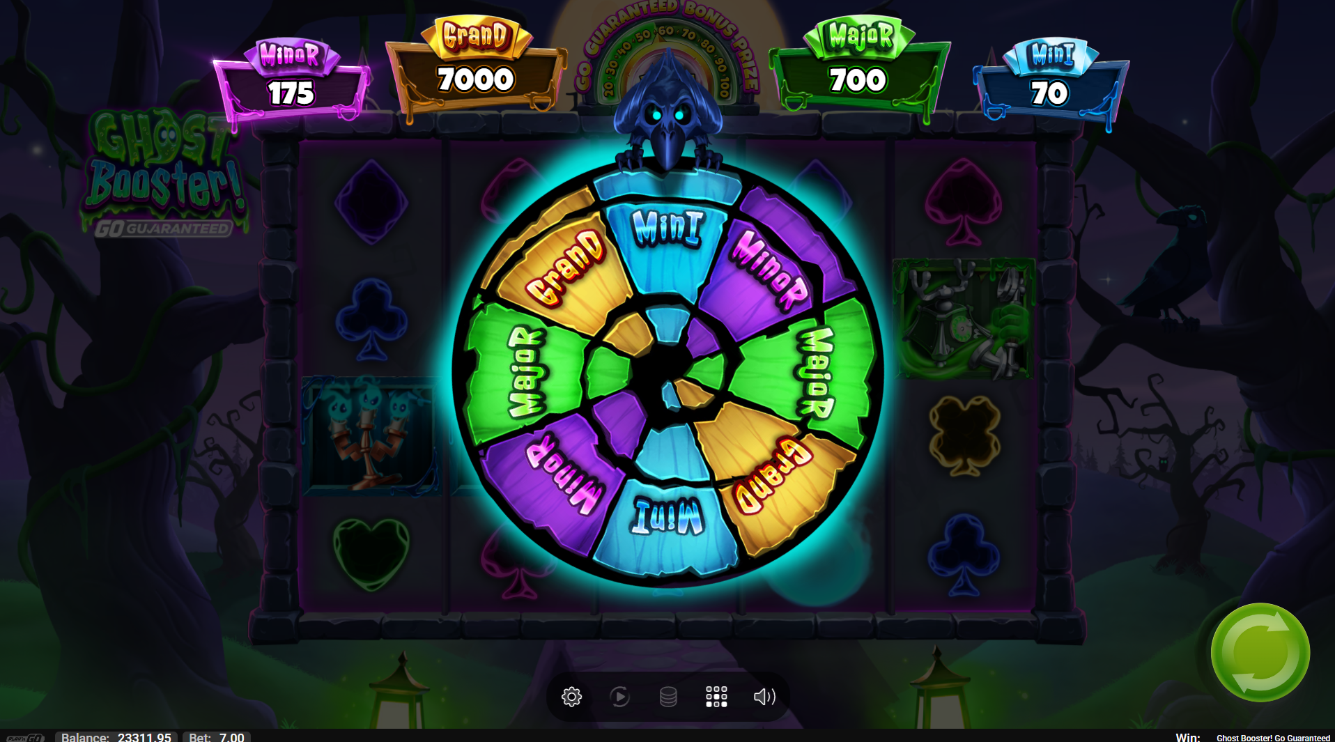 Ghost Booster Wheel of Spooks bonus wheel showing Mini, Minor, Major and Grand prize segments