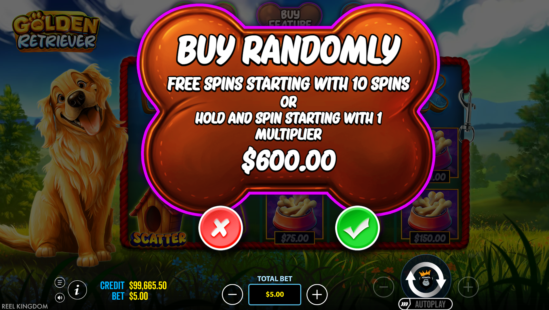 Golden Retriever random bonus buy option screen