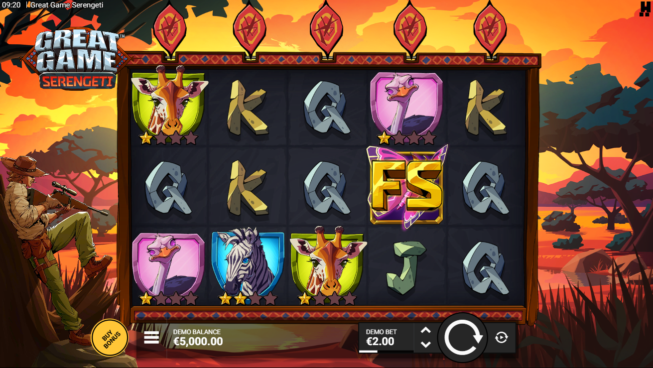 Great Game Serengeti base game play showing the 5x3 grid with animal symbols and wild