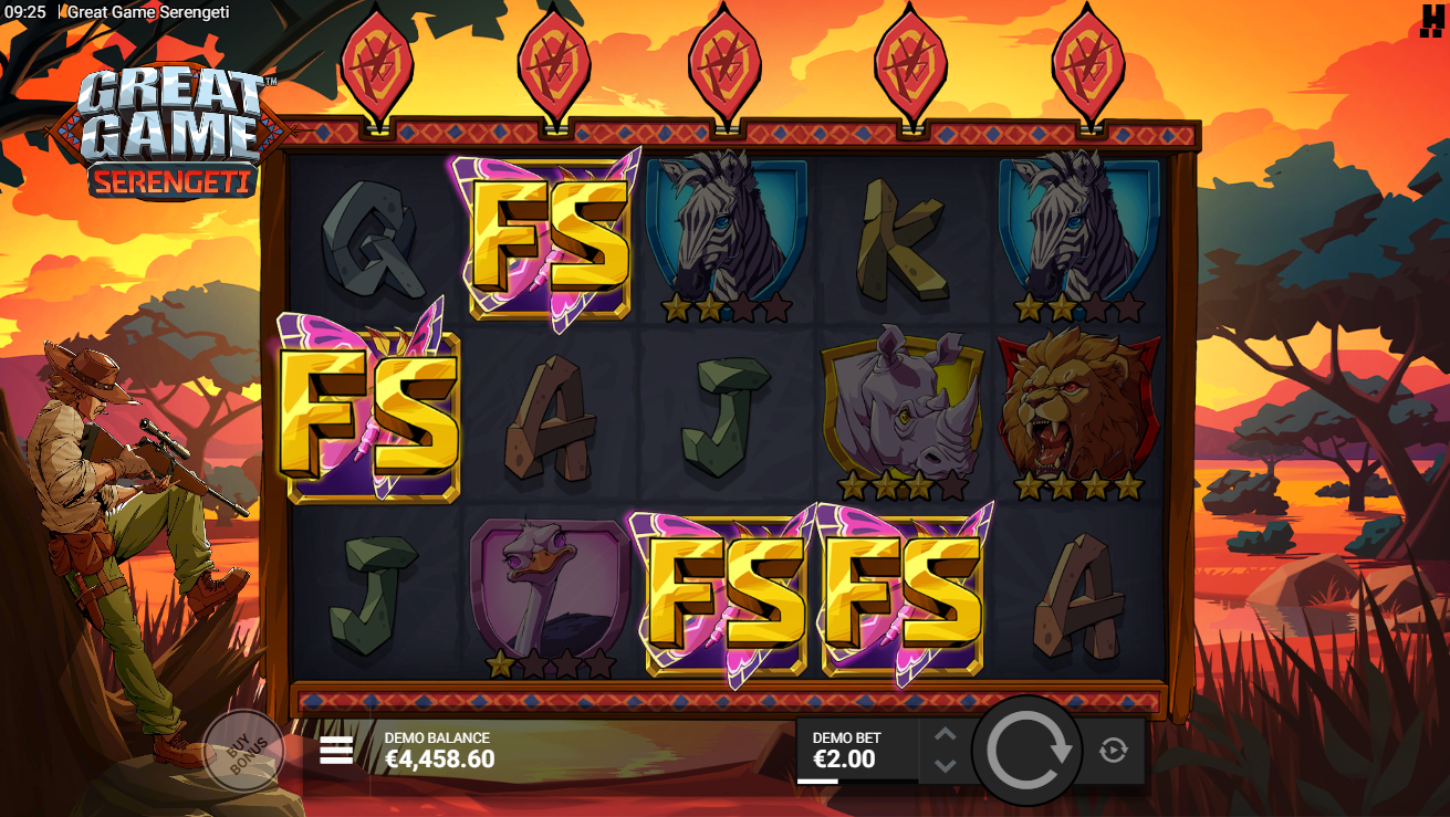 Great Game Serengeti free spins trigger with scatter symbols landing