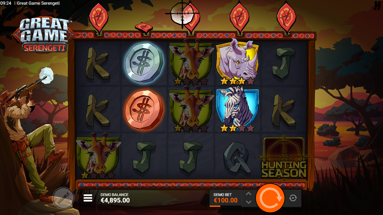 Great Game Serengeti Hunting Season feature with coin symbols