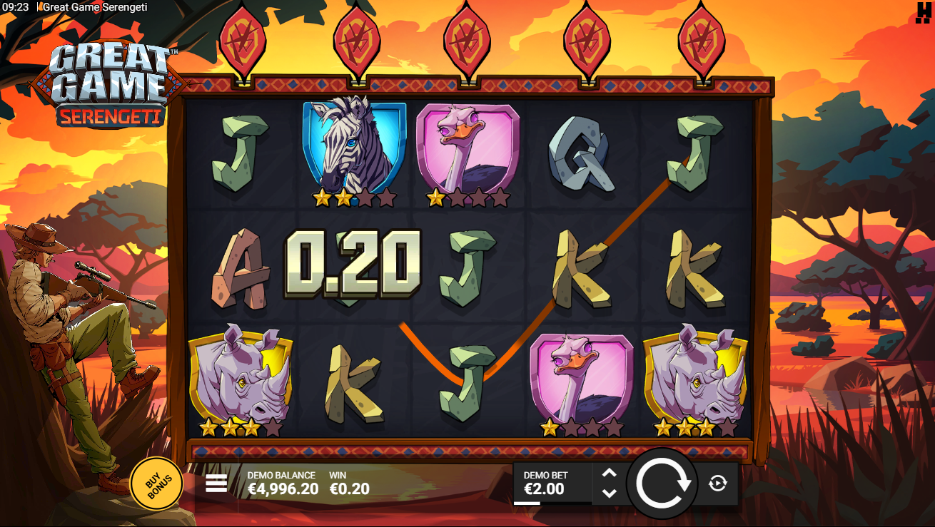 Great Game Serengeti showing its 9 fixed paylines layout