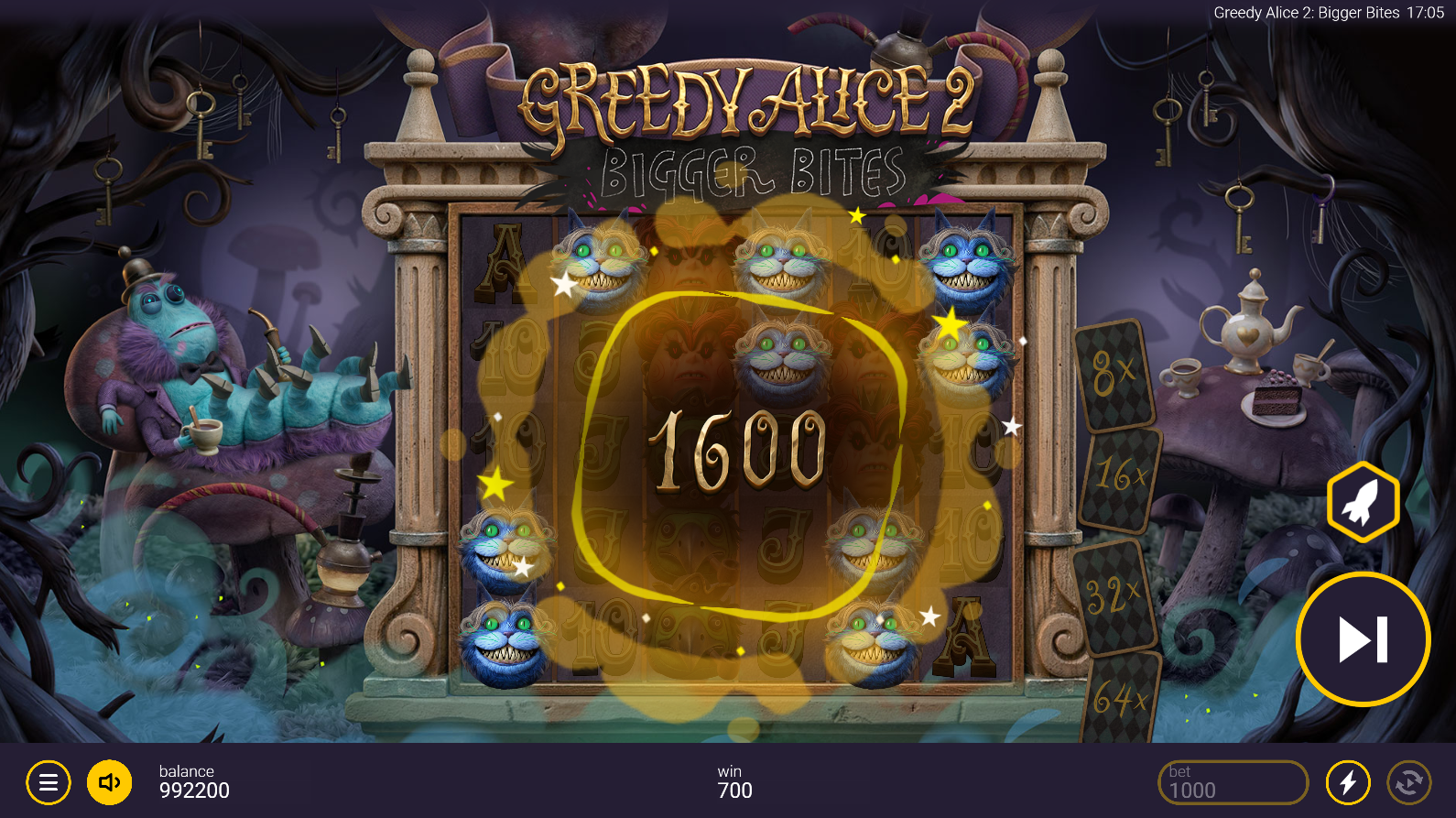 Greedy Alice 2 Bigger Bites base game - 6x5 Scatter Pays grid