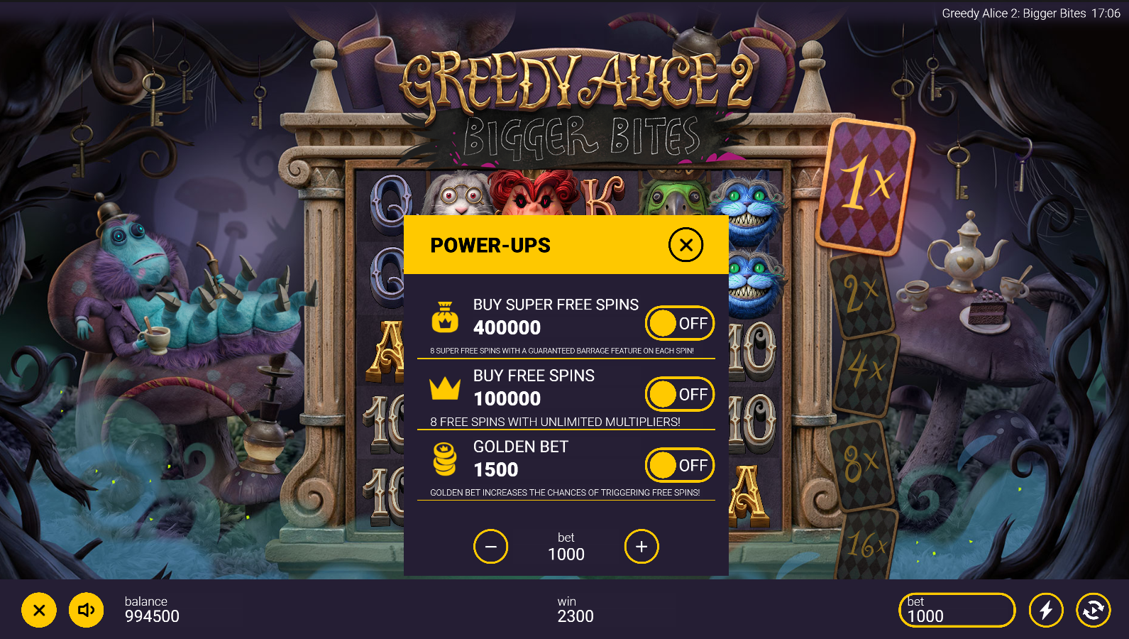 Greedy Alice 2 Bigger Bites Buy Bonus options - 100x for Free Spins, 400x for Super Free Spins
