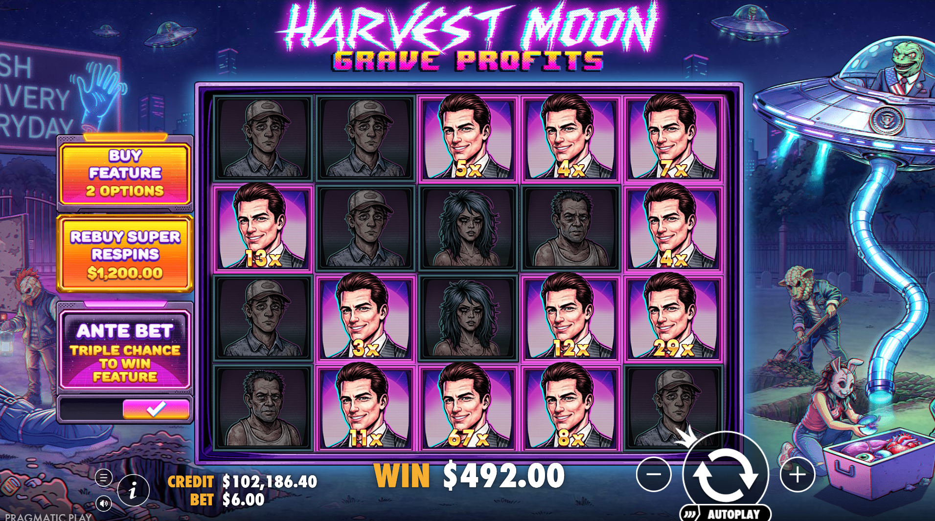 Harvest Moon Grave Profits Ante Bet feature showing increased scatter presence