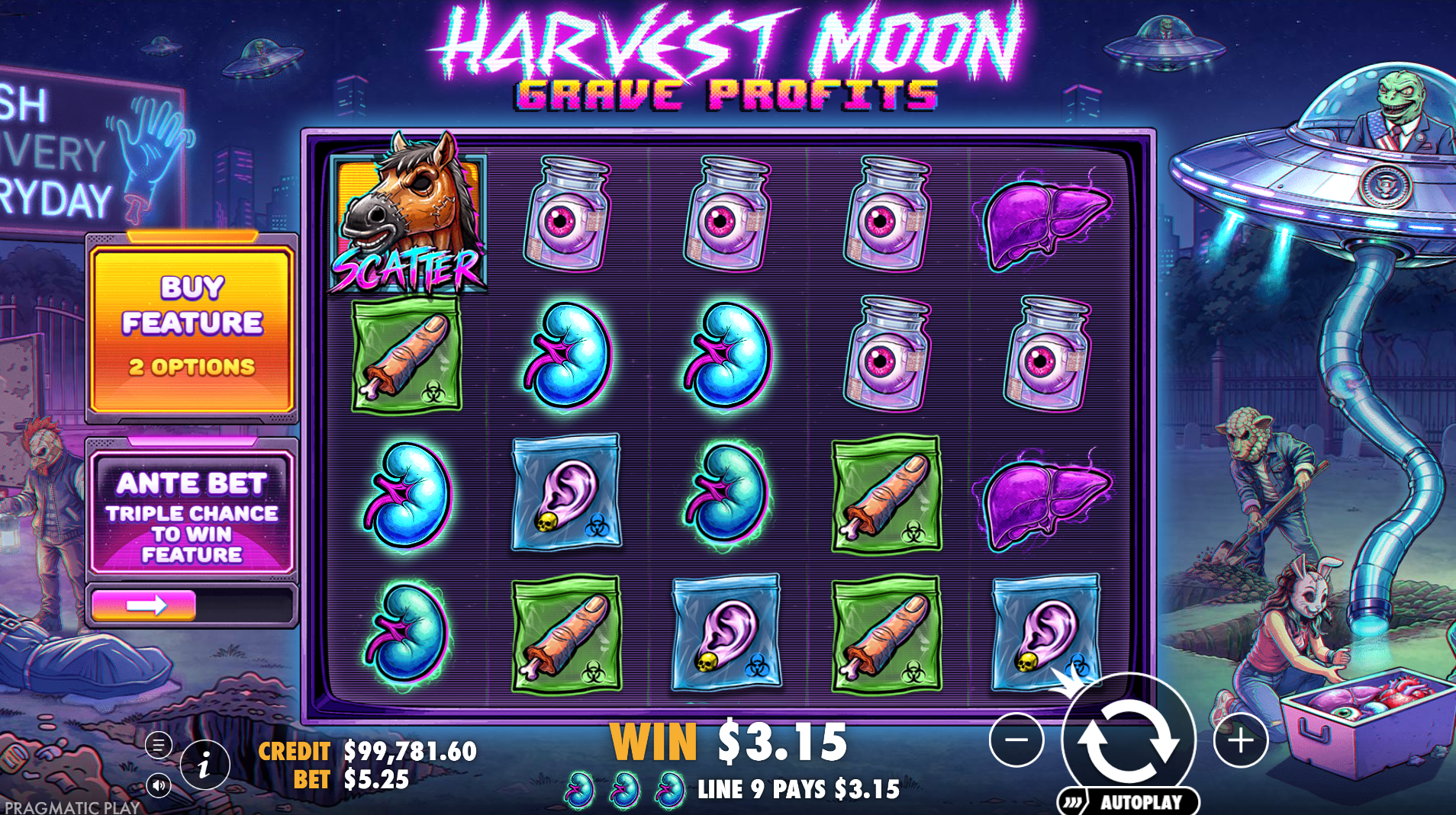 Harvest Moon Grave Profits base game showing 5-reel layout with horror-themed symbols