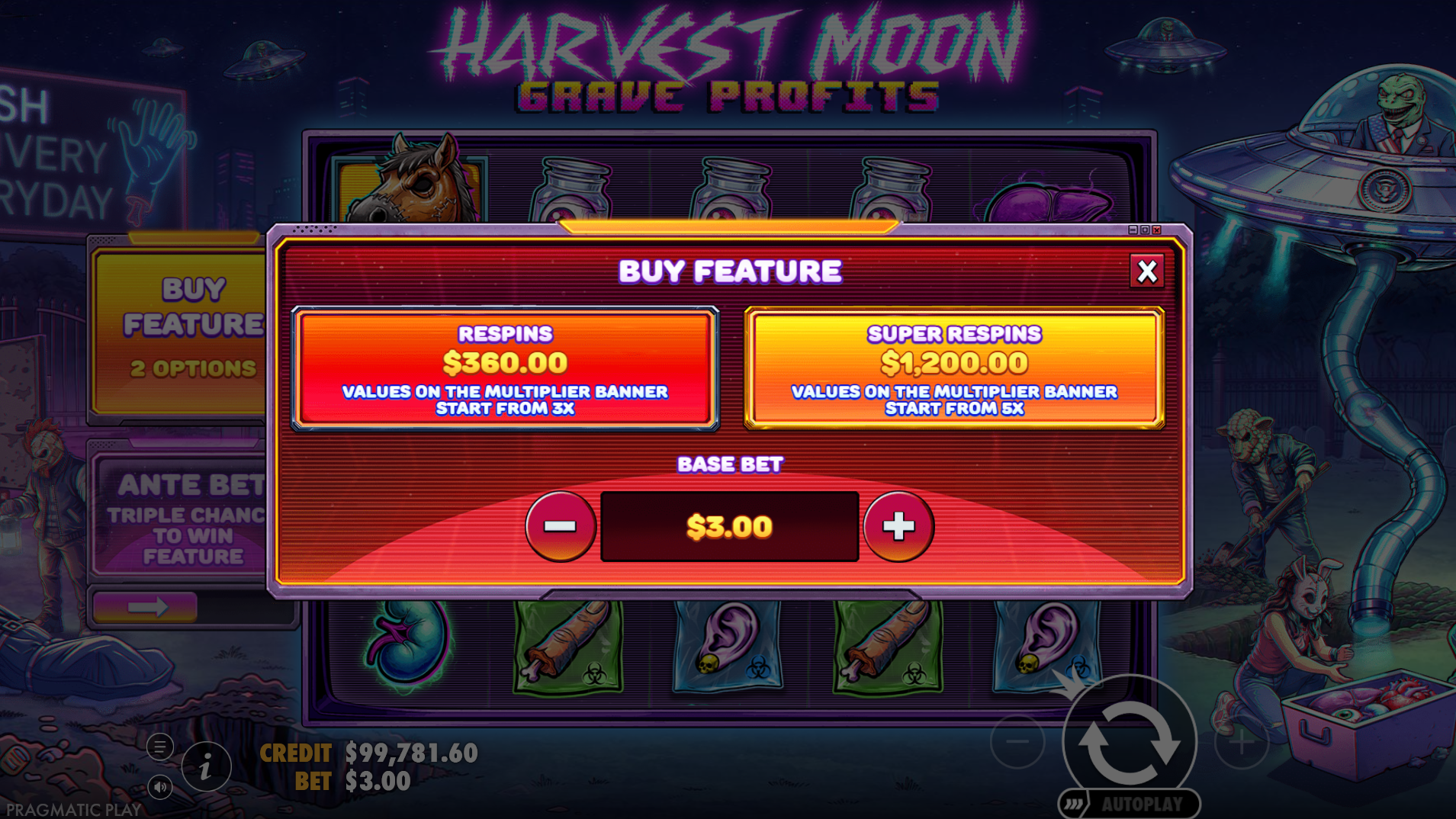 Harvest Moon Grave Profits Bonus Buy options showing 120x and 400x purchase prices