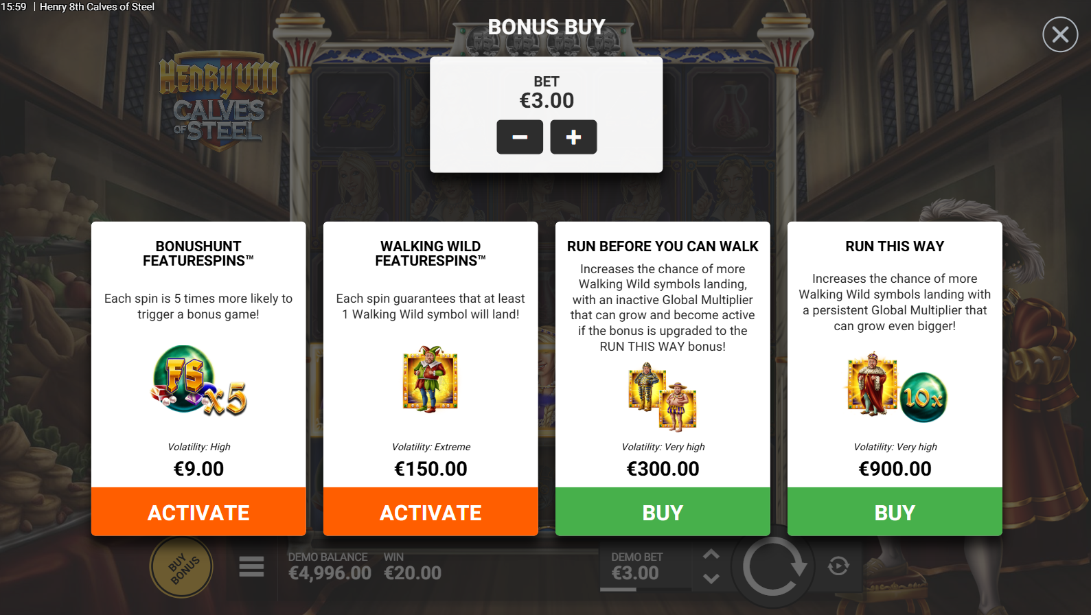 Henry 8th Calves of Steel - Bonus Buy options menu showing all available purchases