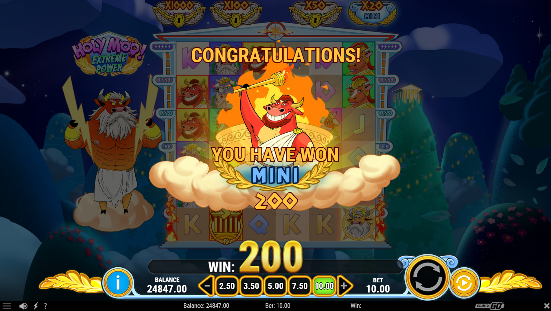 Holy Moo! Extreme Power Moo-Ighty Zeus Mini jackpot during base game