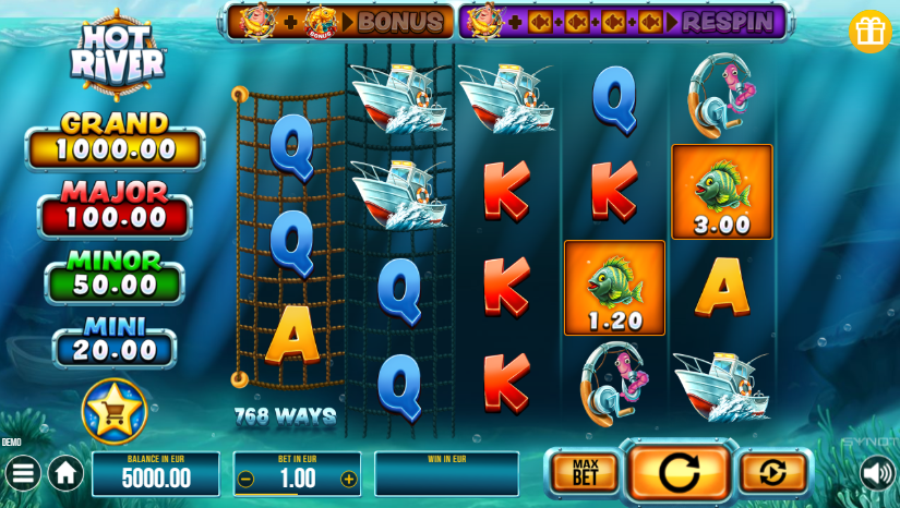Hot River base gameplay showing 5-reel grid with 768 ways to win
