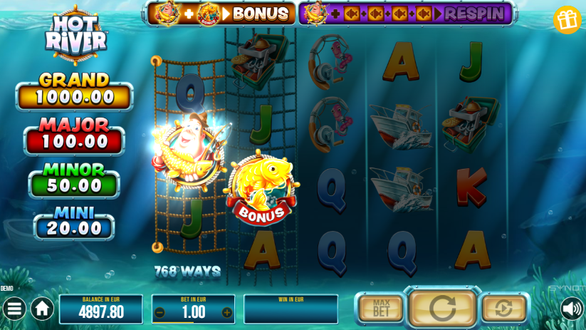 Hot River Free Spins trigger with Wild on reel 1 and Bonus symbol on reel 2