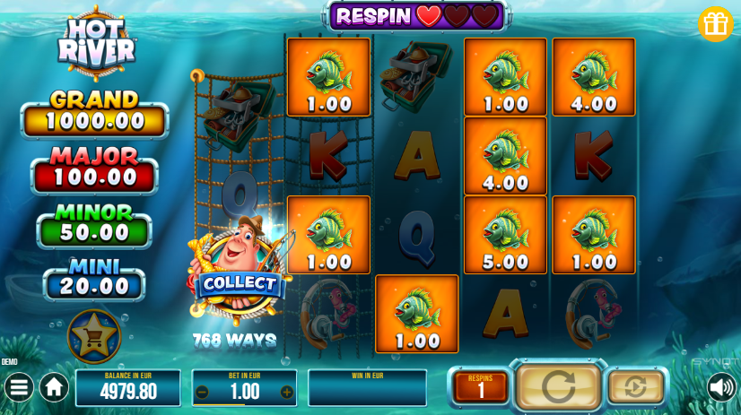 Hot River Respin Collect feature showing Wild symbol collecting Fish and Vault values