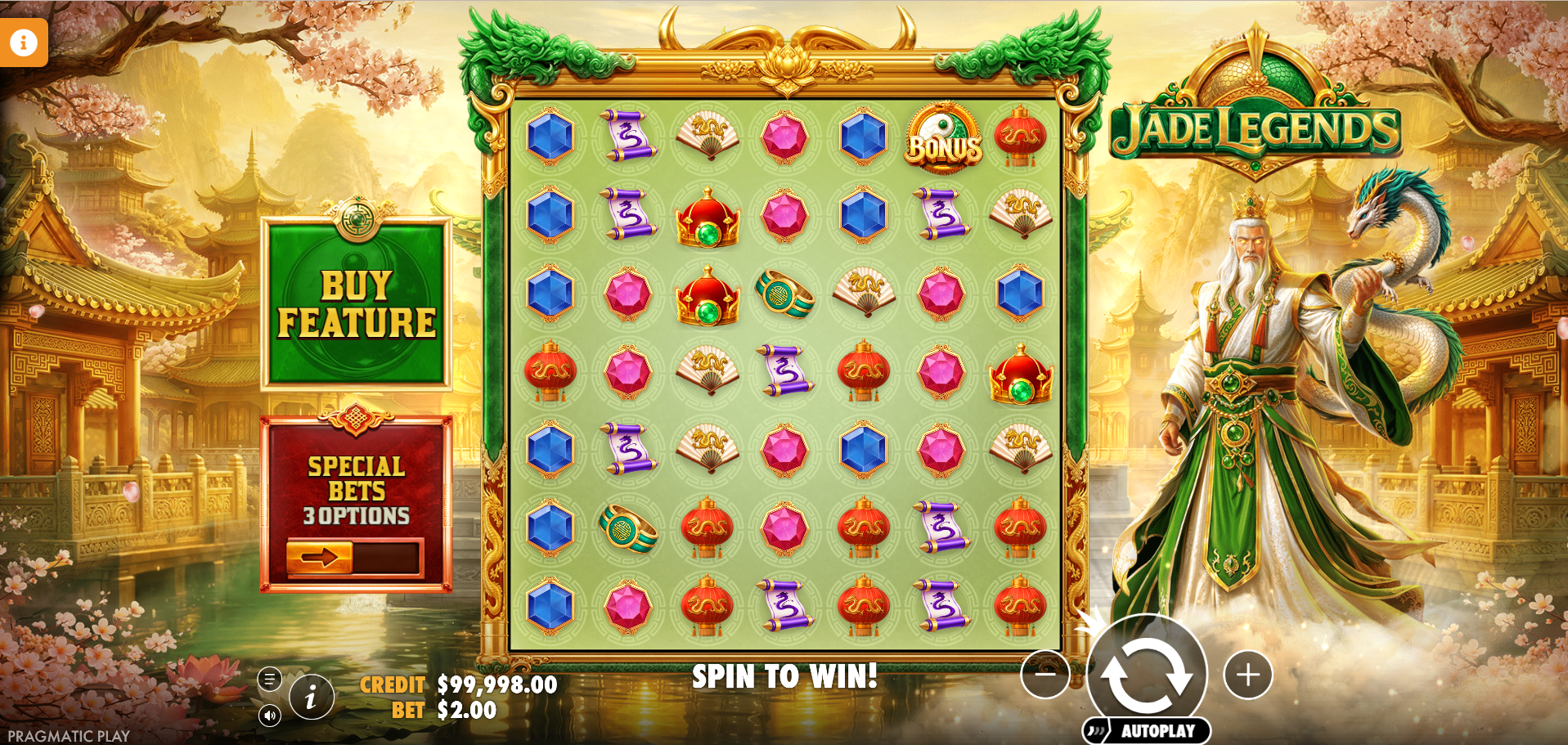Jade Legends base game showing the 7x7 cluster pays grid with gem symbols