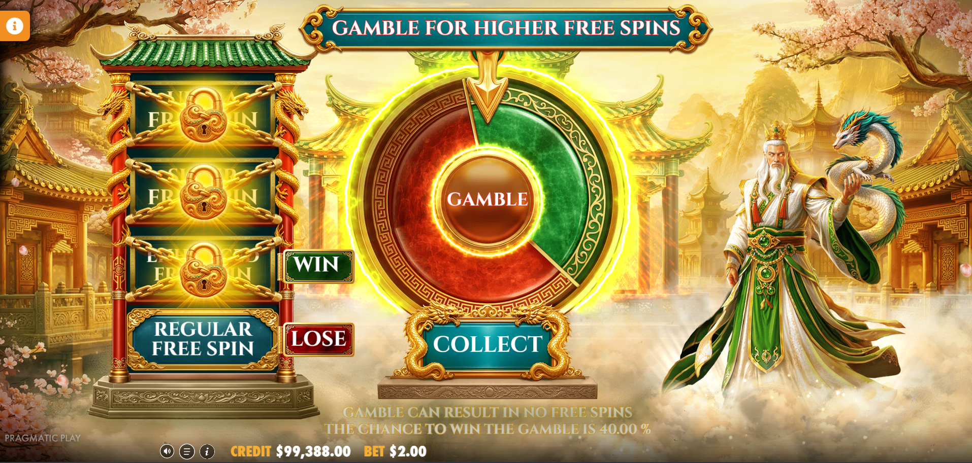 Jade Legends gamble feature wheel for random free spins tier selection
