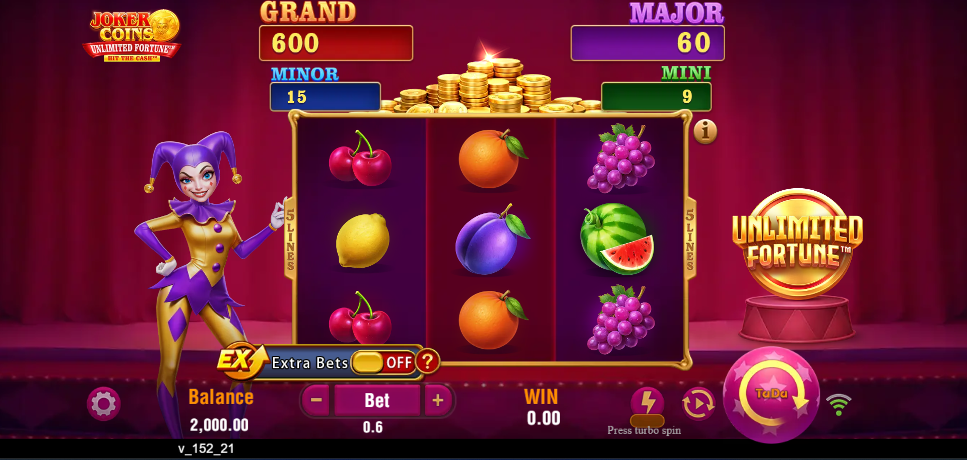 Joker Coins Unlimited Fortune base game showing the 3-reel grid with coin symbols and jackpot display