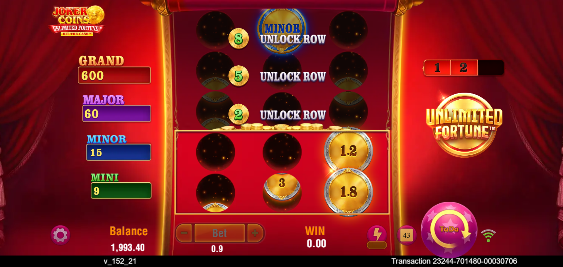 Joker Coins Unlimited Fortune Super Win screen during free spins showing a large coin payout