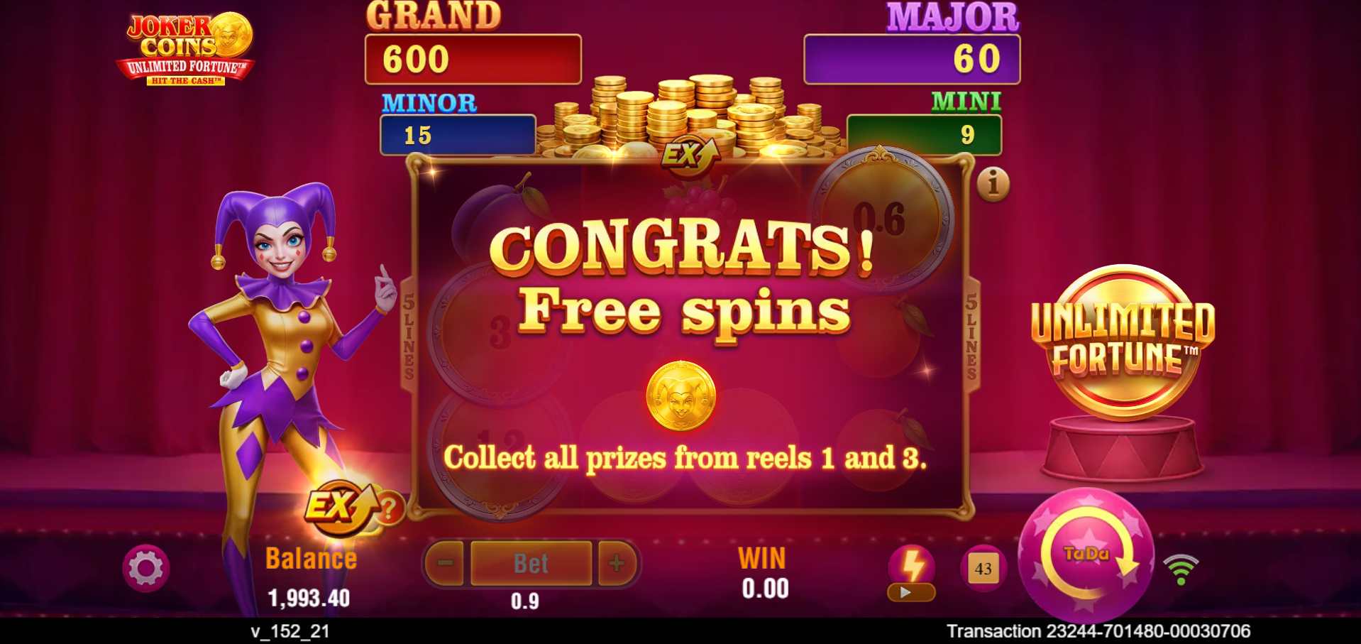Joker Coins Unlimited Fortune free spins feature with expanded reels and coin values displayed