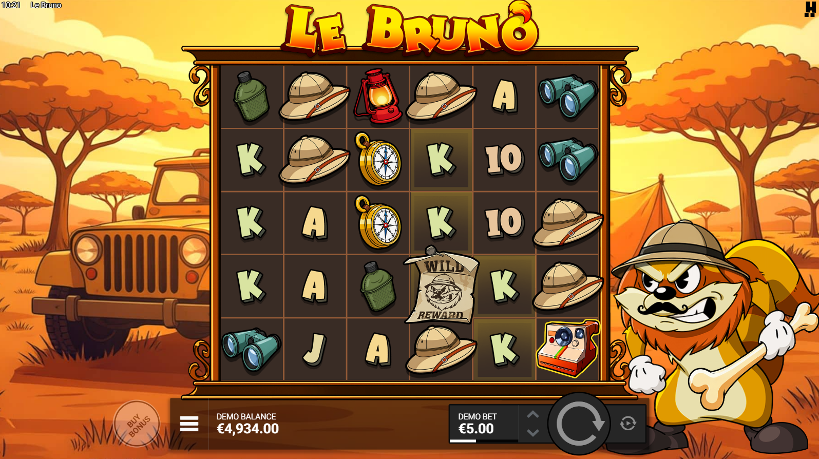 Le Bruno base game showing the 6x5 cluster pays grid with African savanna theme
