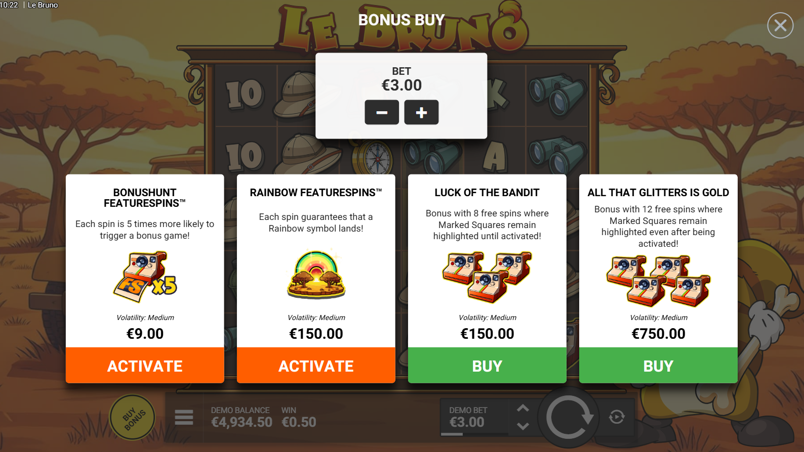 Le Bruno bonus buy options screen showing all available FeatureSpins purchases
