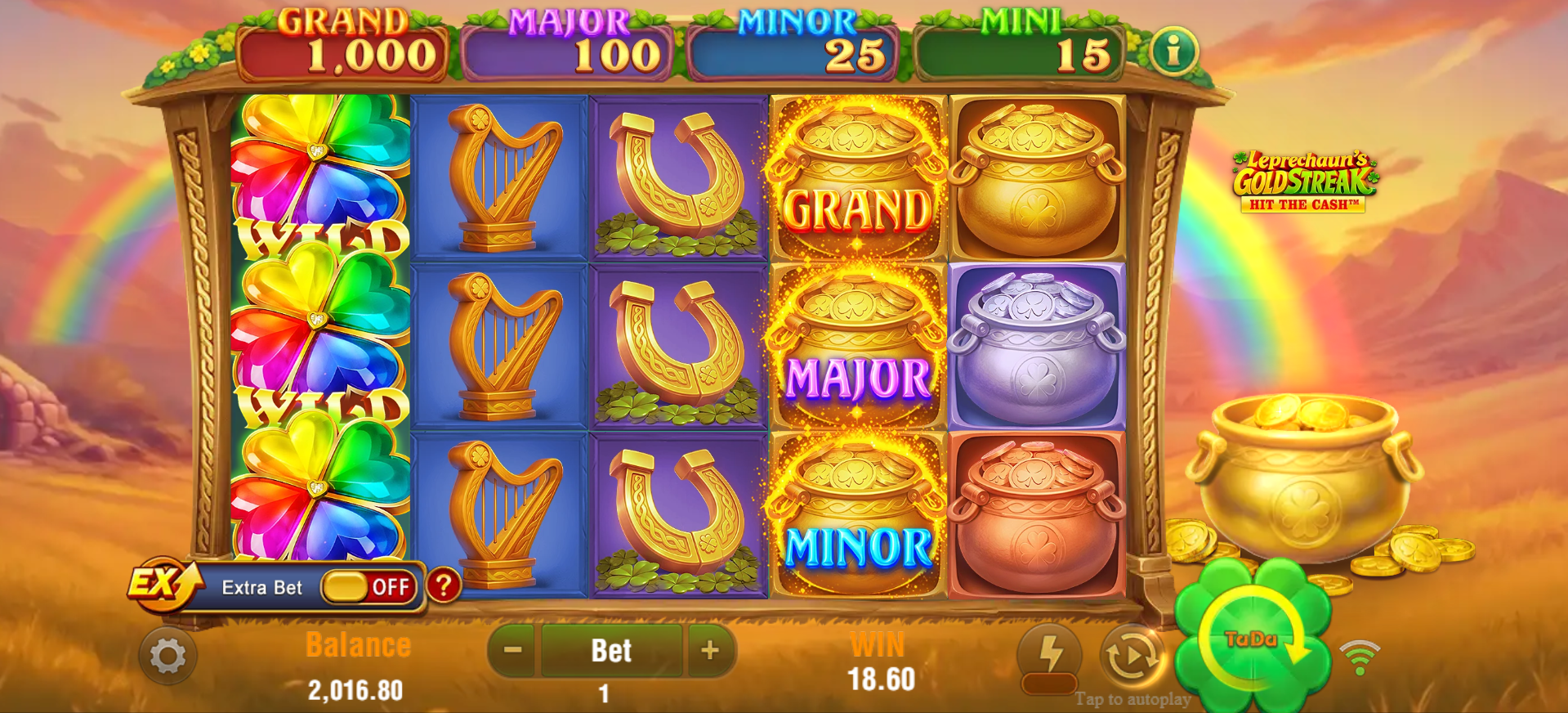 Leprechaun's Gold Streak Hit The Cash base game screenshot showing 5x3 reel grid with Cash symbols and Golden Pot feature