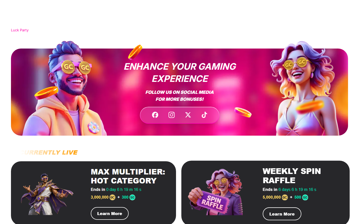Luck Party promotions hub with currently live offers including Max Multiplier Hot Category and Weekly Spin Raffle showing GC and SC prizes