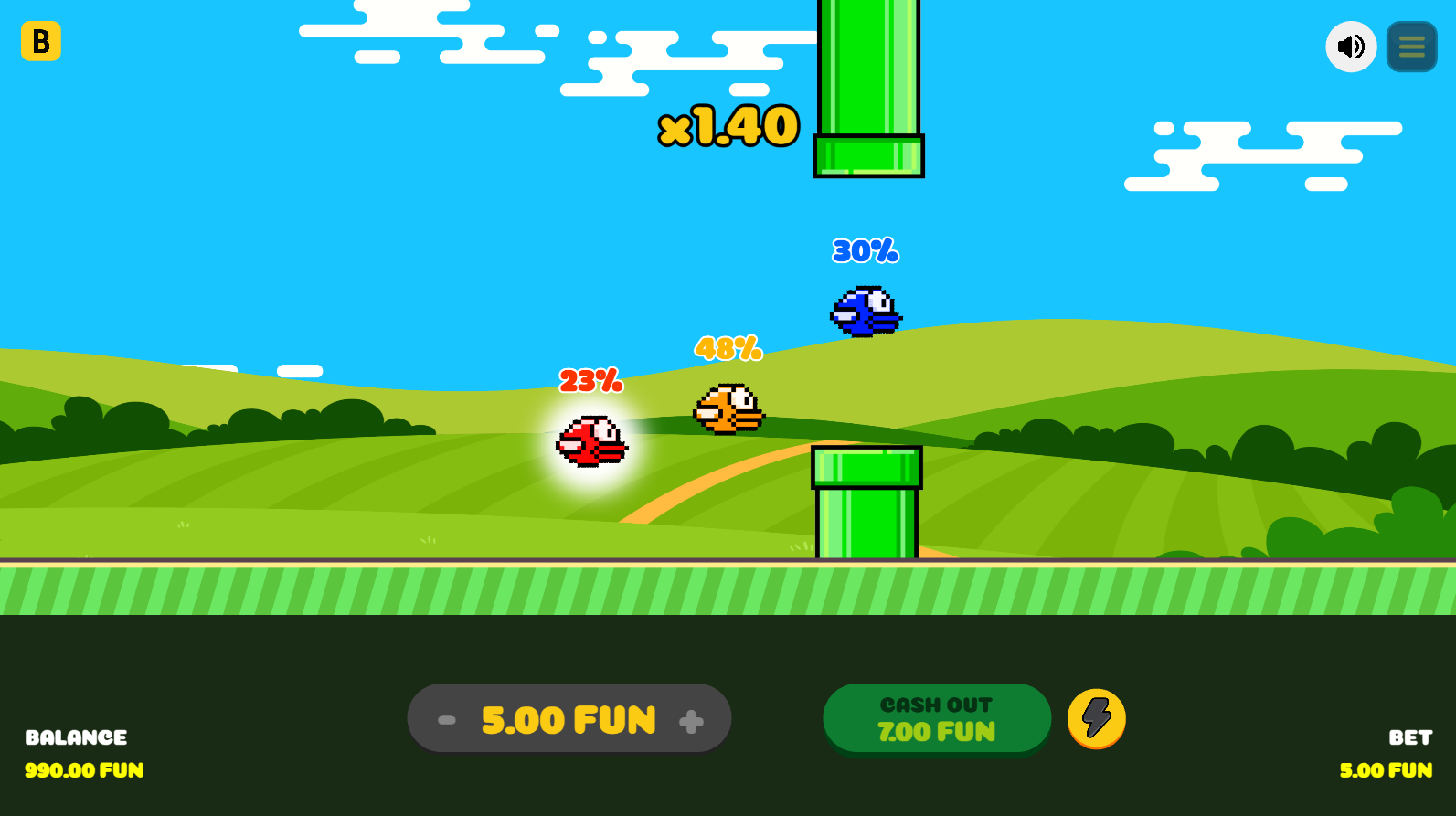 Lucky Birds base game - three birds flying toward green pipe obstacles with multiplier display