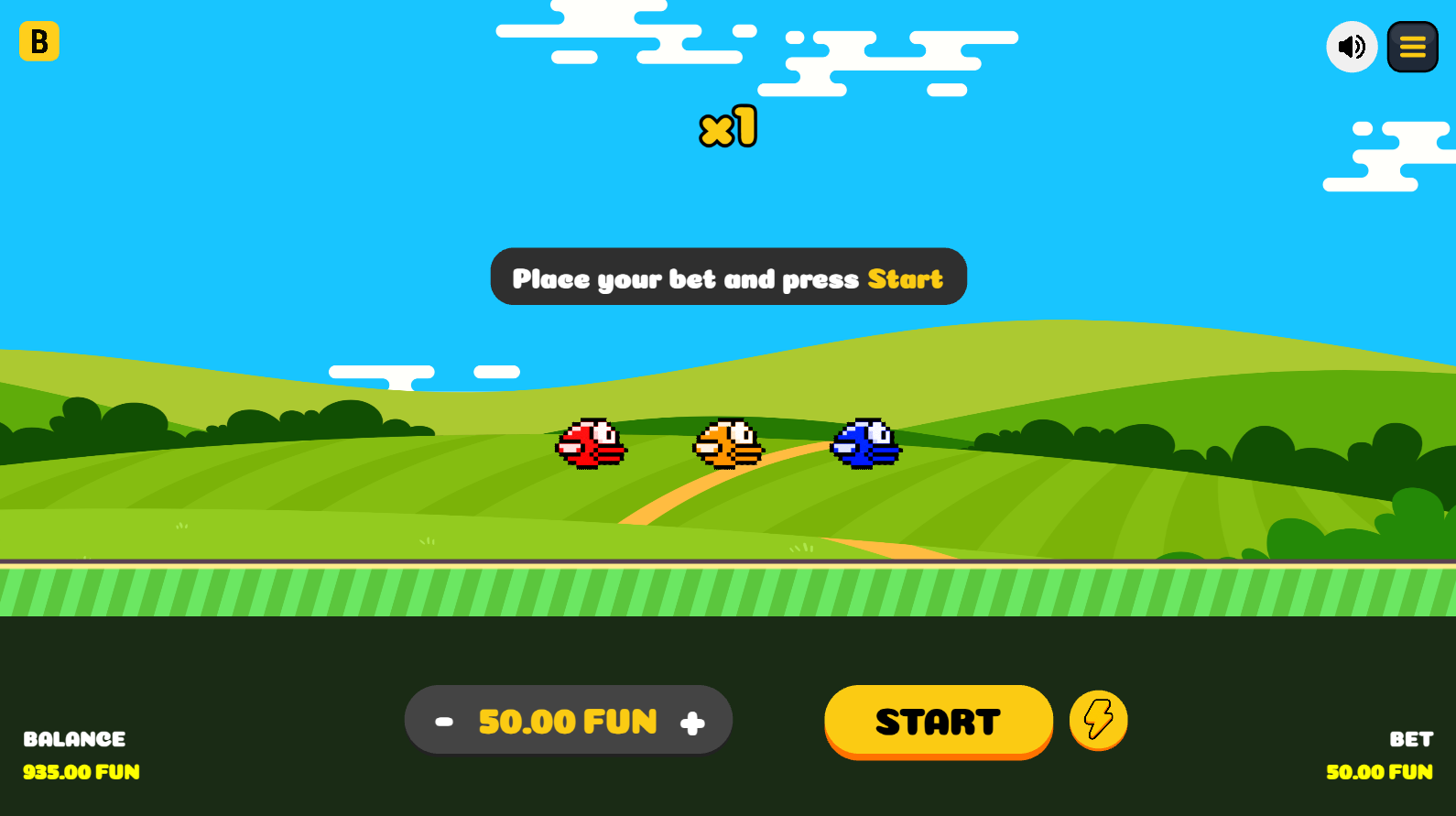 Lucky Birds - the three selectable birds each showing their individual risk percentage
