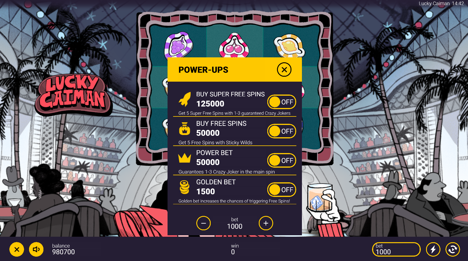 Lucky Caiman bonus buy options menu showing Buy Free Spins and Buy Super Free Spins