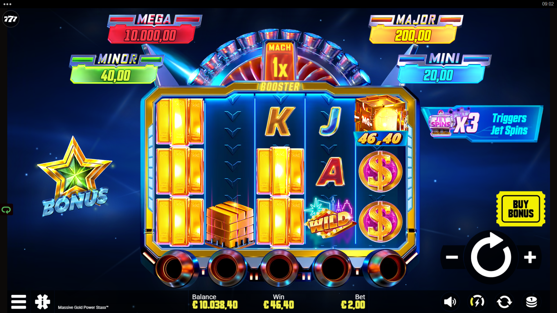 Massive Gold Power Staxx Collect feature triggering on reel 5 with Mach Booster multiplier active