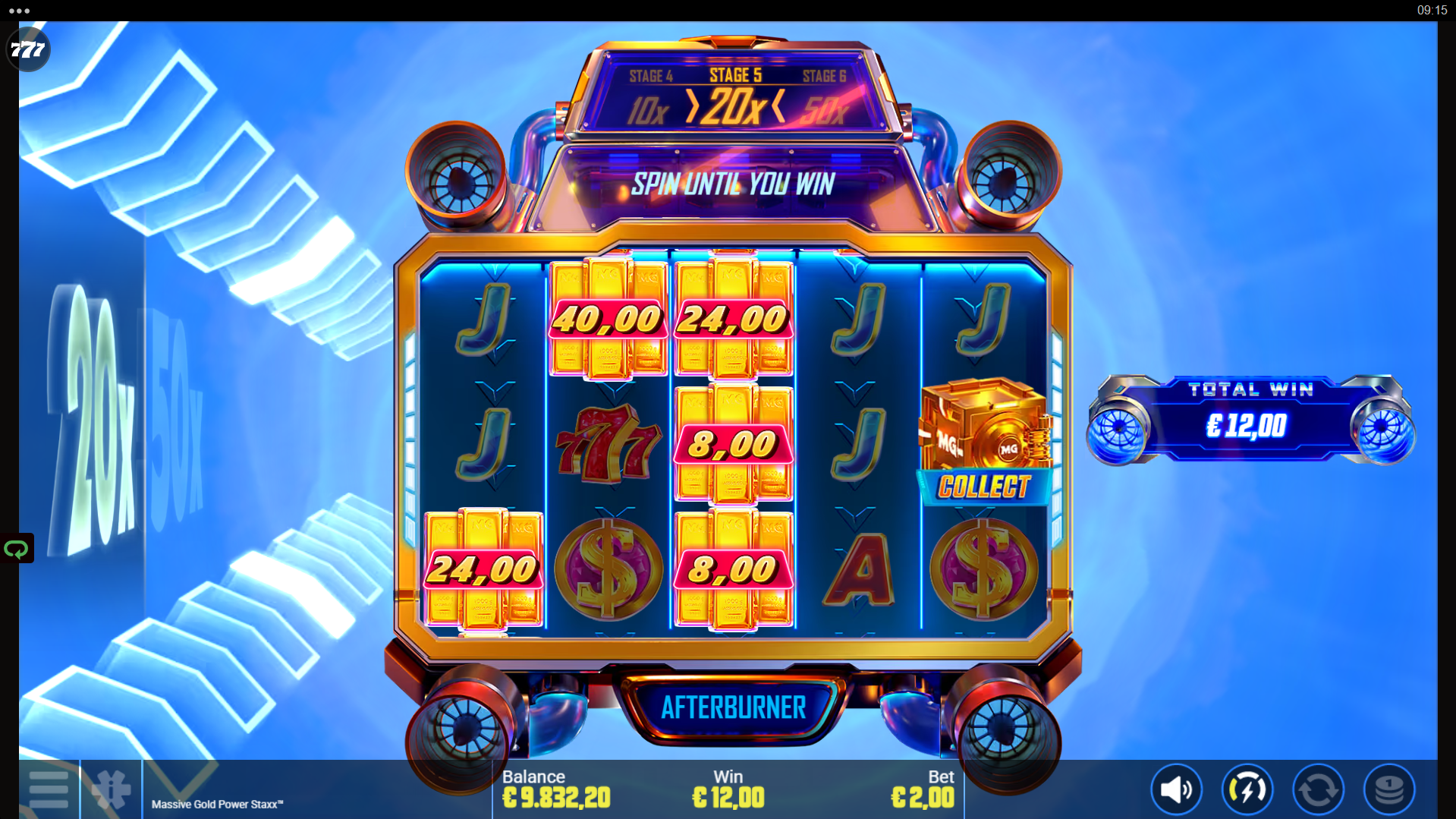 Massive Gold Power Staxx Overdrive Spins bonus with stage progression and Mach Booster