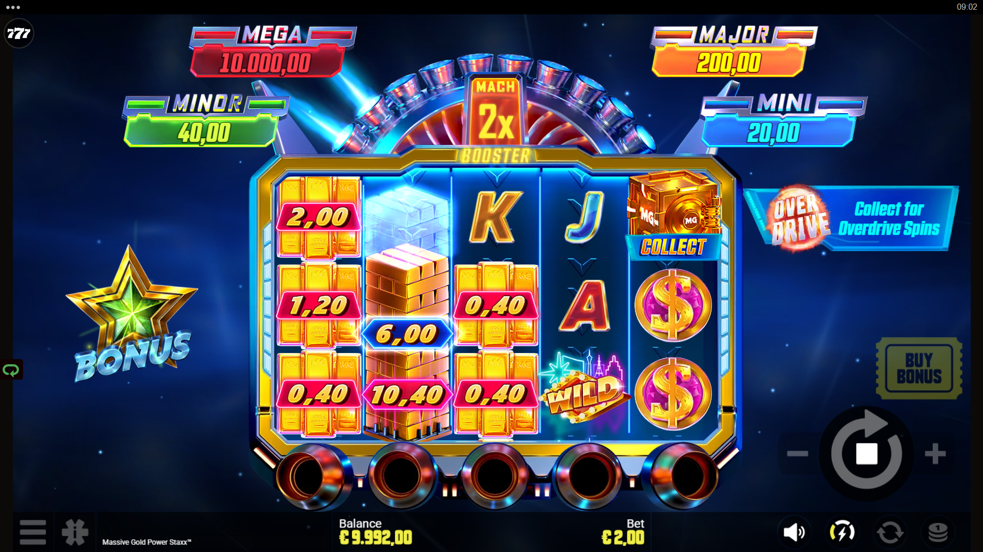 Massive Gold Power Staxx Stack (Staxx) feature showing symbol expansion with cash prizes