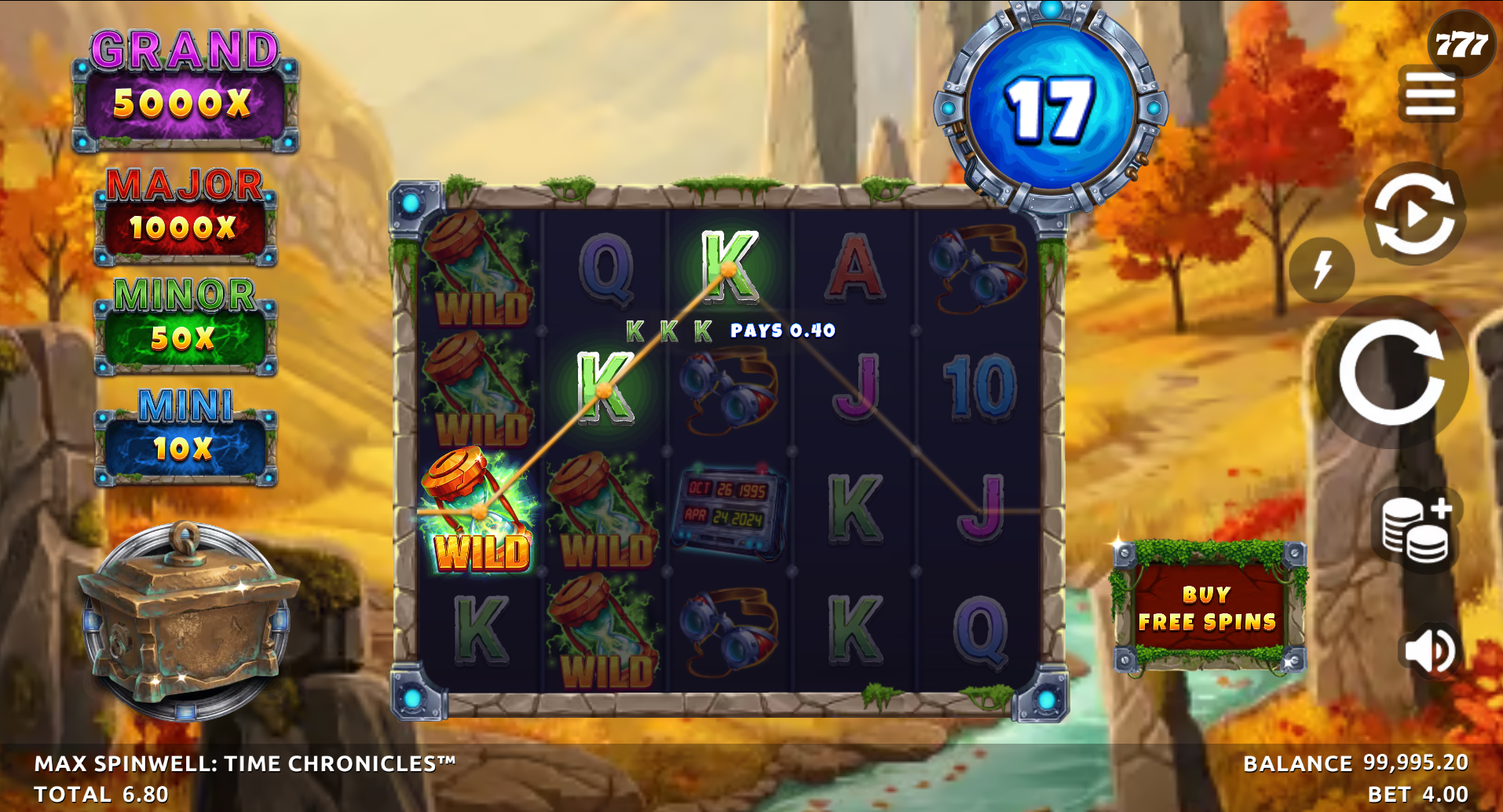 Max Spinwell Time Chronicles base game screenshot showing the 5x4 grid with coin symbols