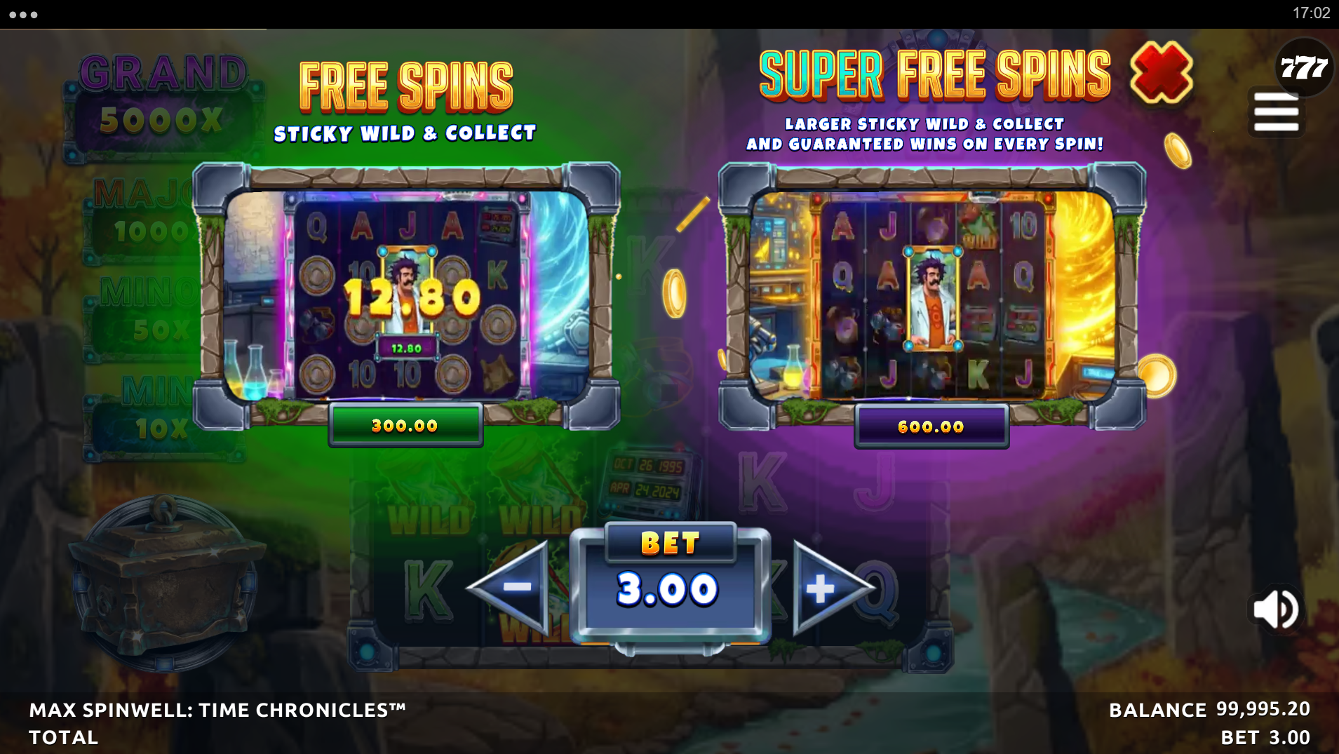Max Spinwell Time Chronicles bonus buy options showing Free Spins at 100x and Super Free Spins at 200x