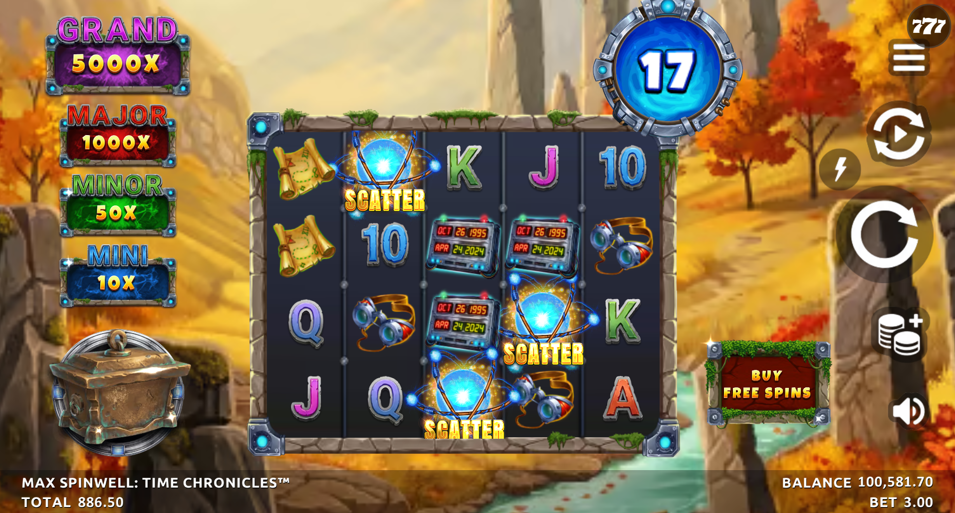 Max Spinwell Time Chronicles scatter symbols triggering the Free Spins round
