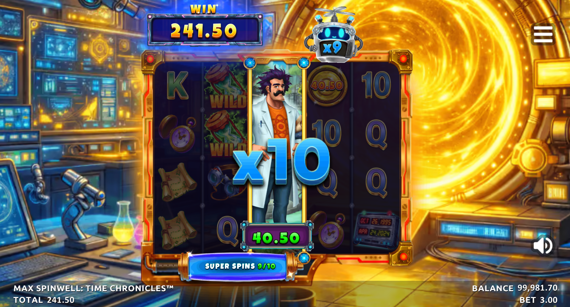 Max Spinwell Time Chronicles Super Free Spins round showing guaranteed coins and expanded wild