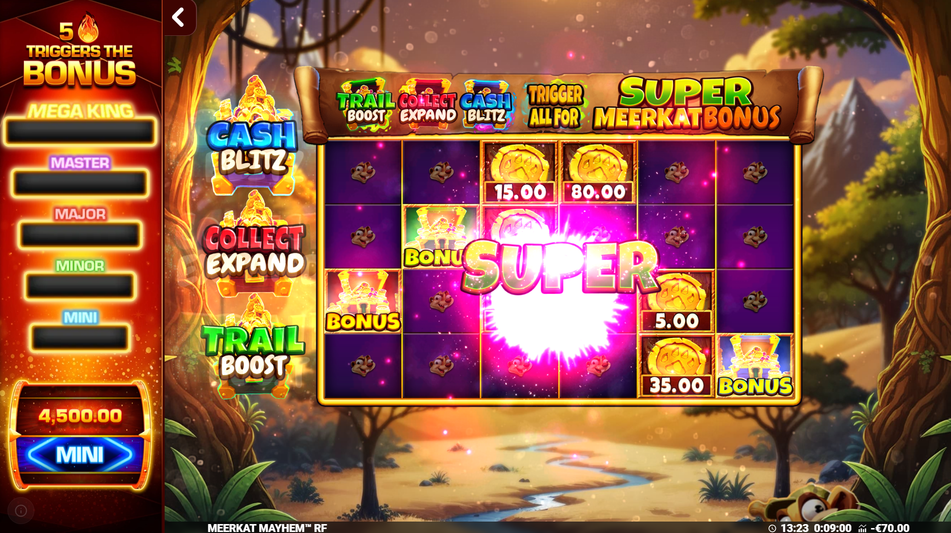 Meerkat Mayhem Trail Boost, Collect Expand and Cash Blitz Bonus features active