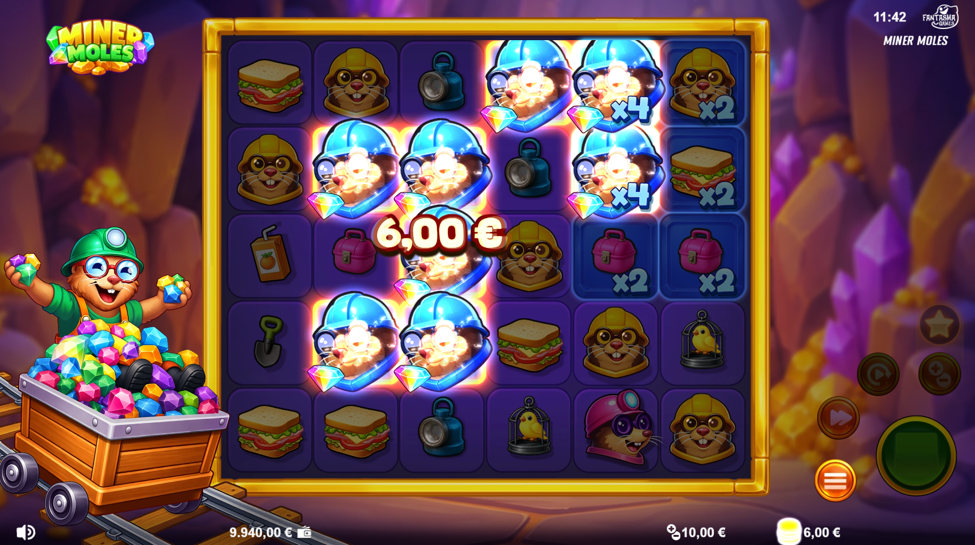 Miner Moles base game showing the 6x6 scatter-pays grid
