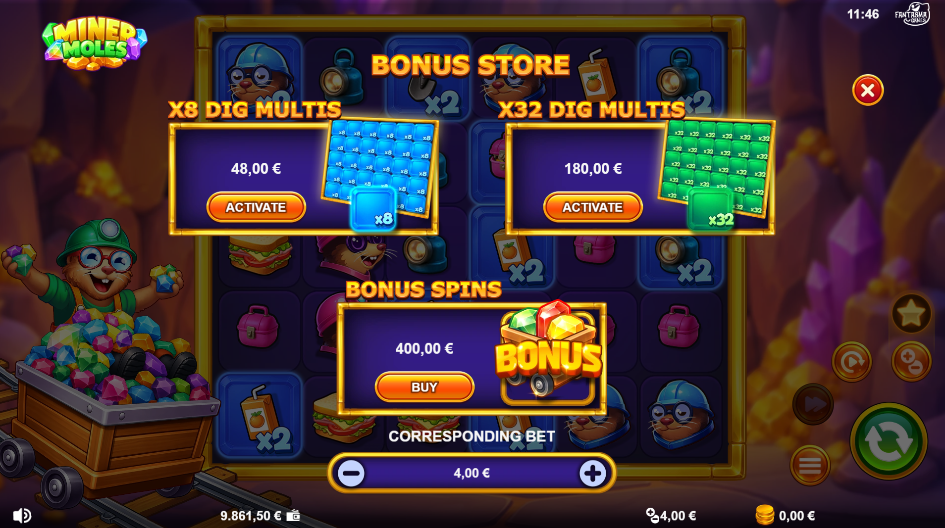 Miner Moles bonus buy options including the 100x stake free spins purchase and x8 Dig Multi ante bet