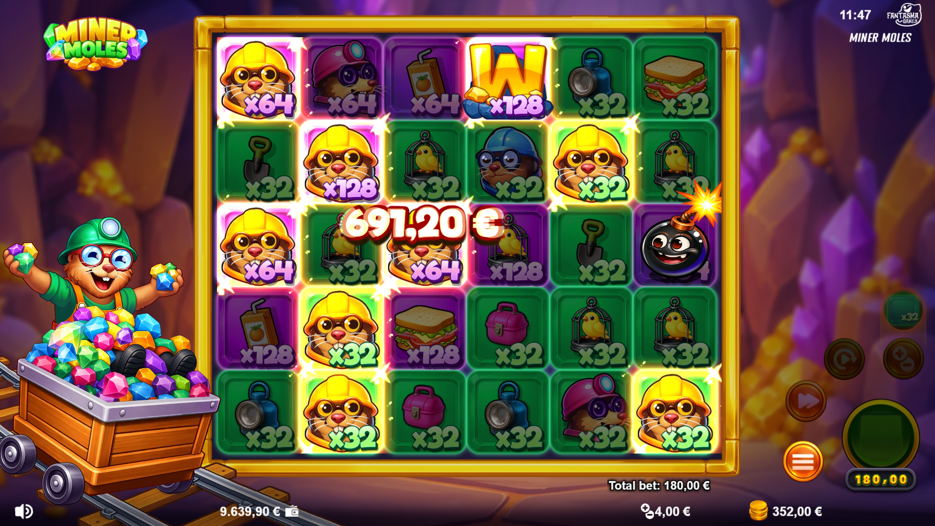 Miner Moles x32 Dig Multi spin showing high multiplier action
