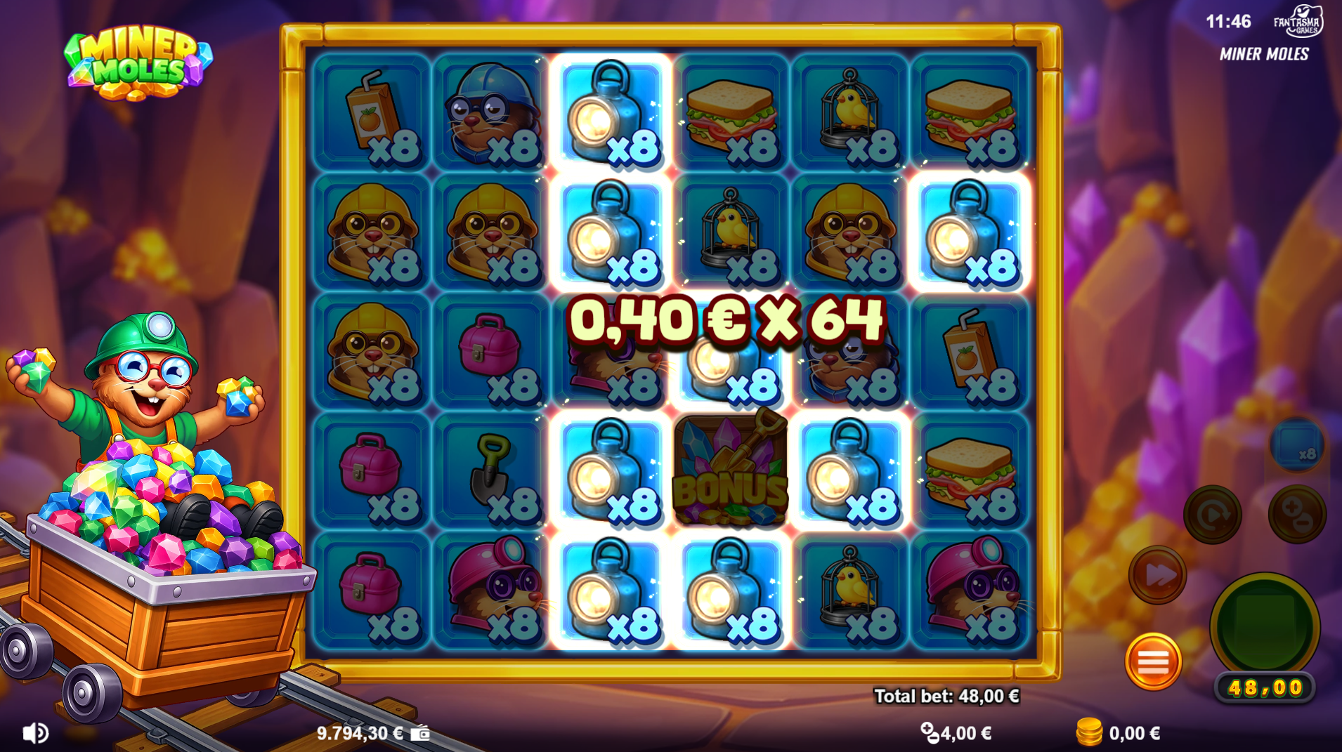 Miner Moles x8 Dig Multi ante spin showing multiplier action in the base game