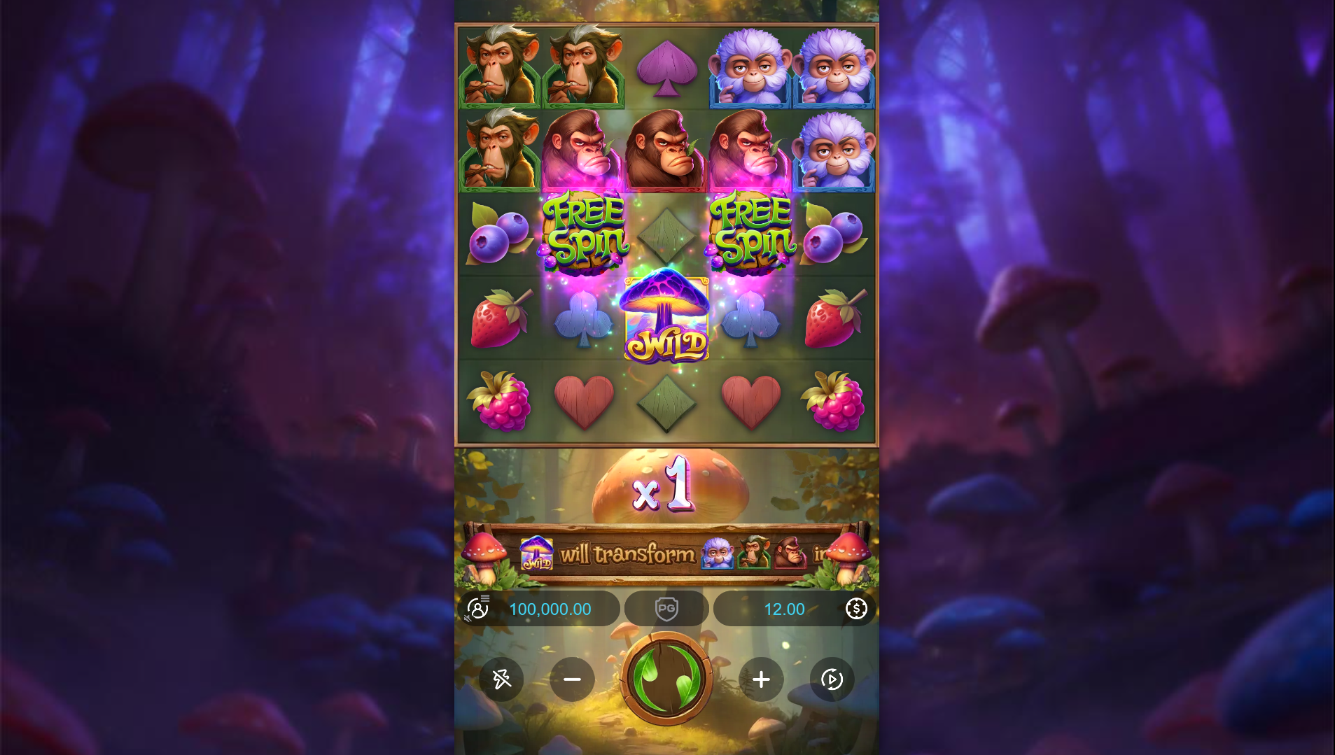 Monkeys Wild Party base game showing 5x5 cluster pays grid with monkey symbols