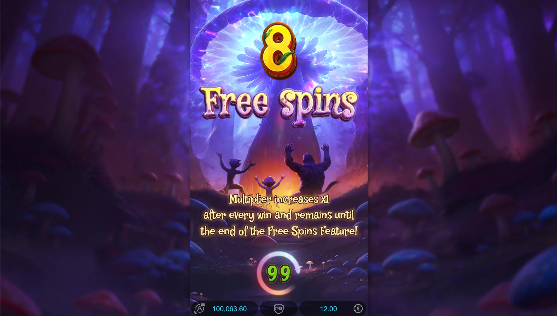 Monkeys Wild Party Free Spins feature triggering with scatter symbols