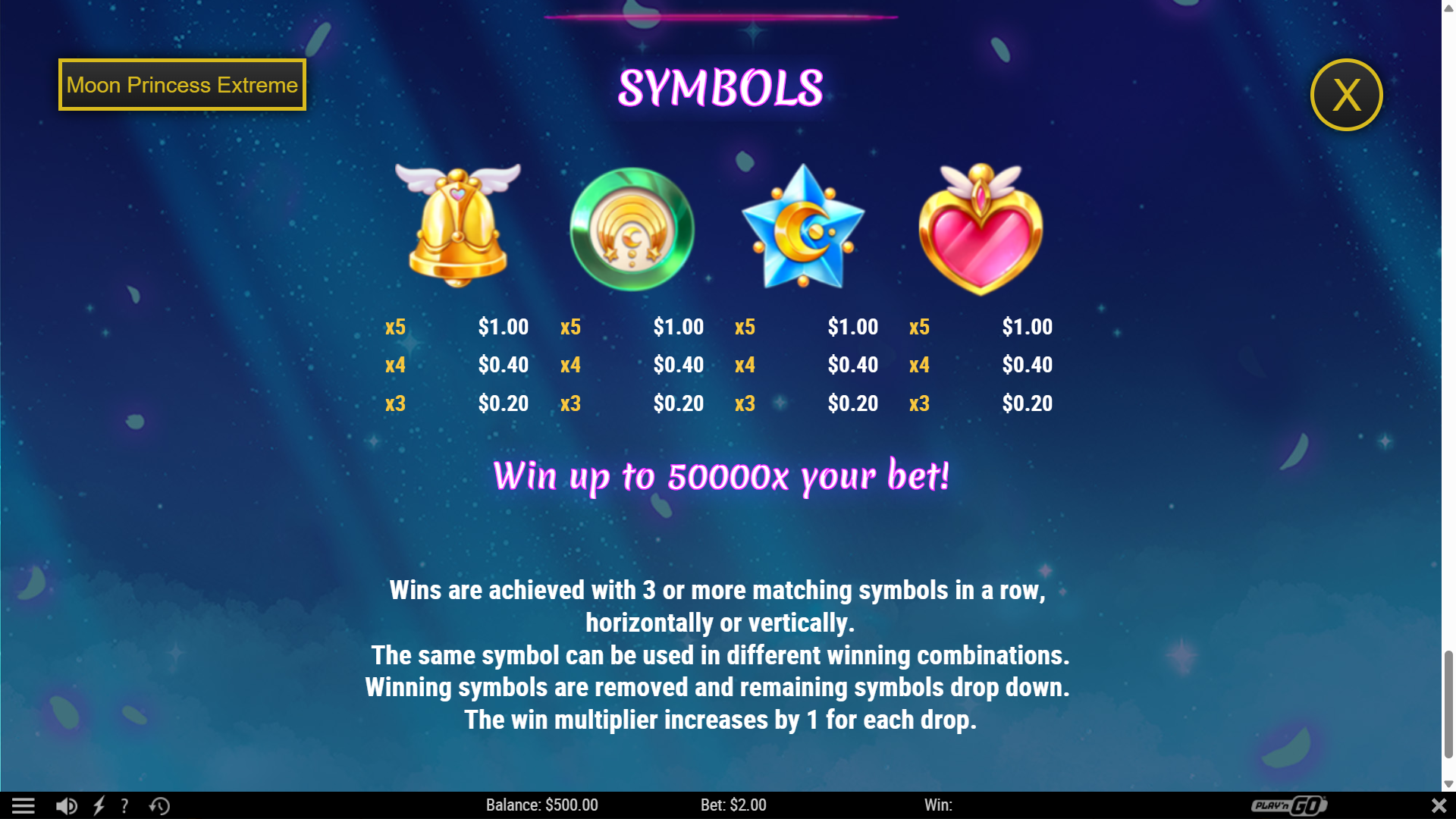 Moon Princess Extreme slot paytable on desktop