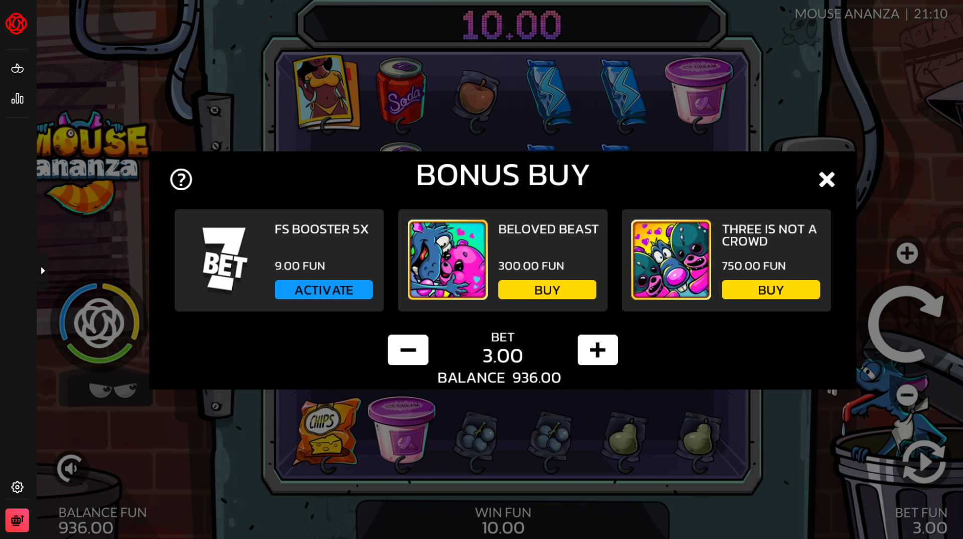 Mouse Ananza bonus buy options menu showing FS Booster, Beloved Beast and Three Is Not A Crowd